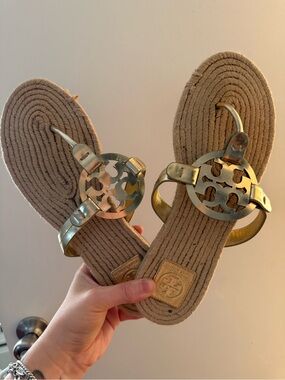 Tory Burch Metallic Gold Logo Rope-Style Thong Sandals